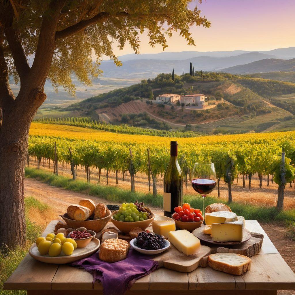 A picturesque vineyard in Catalonia during the golden hour, with lush green grapevines stretching towards the horizon. In the foreground, a rustic wooden table adorned with a variety of artisanal cheeses, fresh bread, and a glass of deep red wine. The background features rolling hills, dotted with olive trees and sunflowers, capturing the essence of Catalonian gastronomy and viniculture. The sky is painted in warm hues of orange and purple, enhancing the magical feel of the landscape. super-realistic. vibrant colors. 3D.