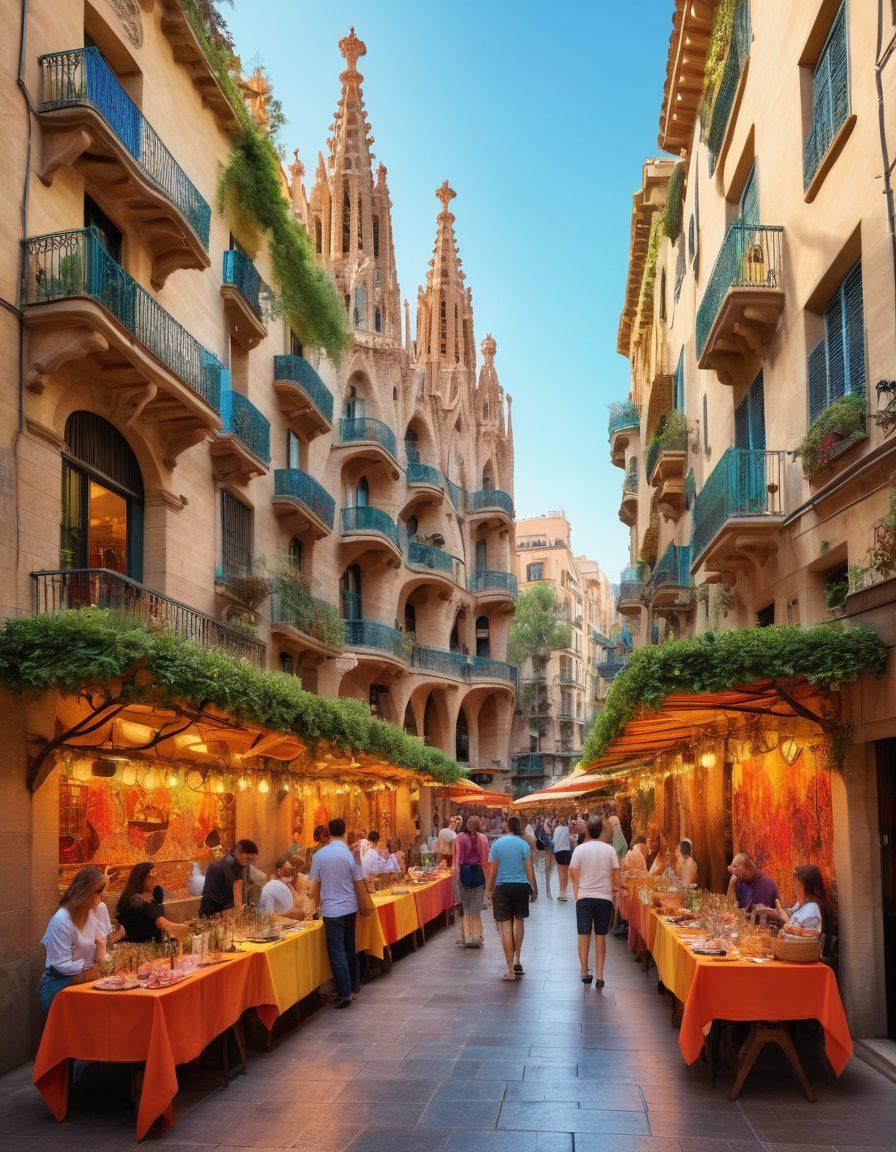A vibrant street scene in Barcelona showcasing an open-air art market, artists painting colorful canvases, and wine tasting tables adorned with fine wines and tapas. Overlay the famous architecture of Gaudí, surrounded by festive decorations and crowds enjoying the atmosphere. Bright and lively colors to evoke creativity and fun. super-realistic. vibrant colors. 3D.