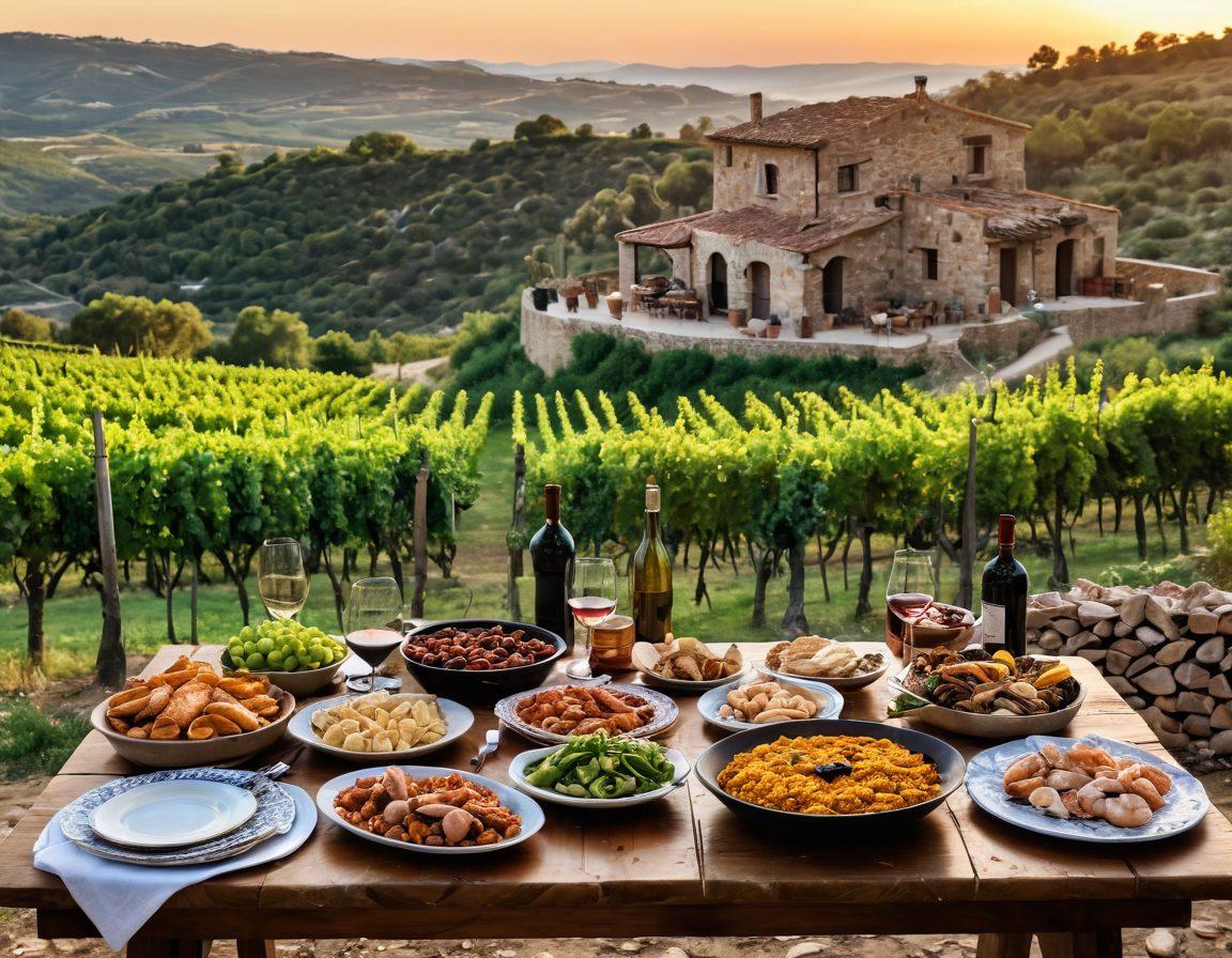 A picturesque vineyard in Catalonia during sunset, with lush grapevines stretching across rolling hills. In the foreground, a rustic wooden table overflowing with traditional Catalan dishes, including fresh seafood, paella, and local cheeses, accompanied by a bottle of rich red wine. The warm sunlight casts a golden hue, creating a vibrant and inviting atmosphere. Include charming stone buildings in the background to emphasize the region's culture. super-realistic. vibrant colors. soft focus.